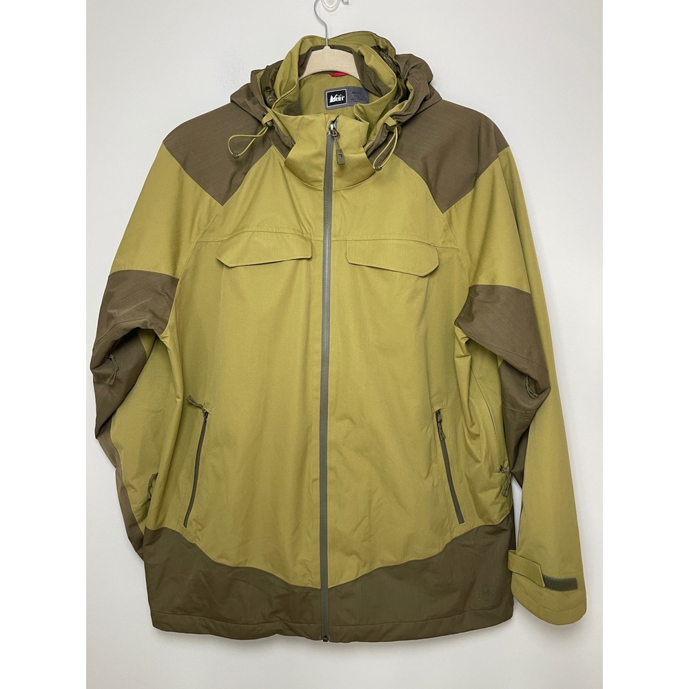 REI Co-op Mens XXL Crestrail Hooded Rain Jacket Full Zip Technical Shell Green